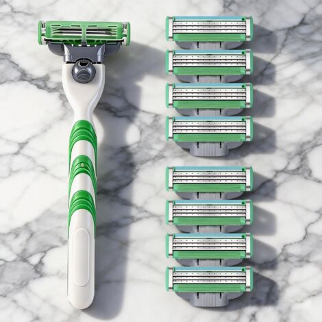 Rasoir manuel 3 lames verte – adaptable toutes barbes et peaux – kit complet (1 manche + 8 têtes de rechange)