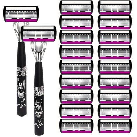 Rasoir manuel 6 lames pour homme – compatible tous types de peau (2 manches blancs + 18 têtes de rasage violettes & blanches)