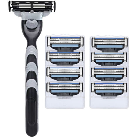 Rasoir manuel à trois lames, noir - convient à tous les types de barbes (1 manche + 8 lames)