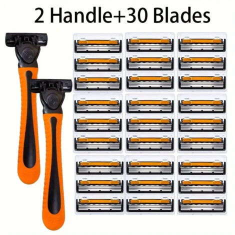 Rasoir manuel triple lame orange et noir pour hommes – Compatible avec les rasoirs Gillette (2 manches orange + 30 têtes de lame)
