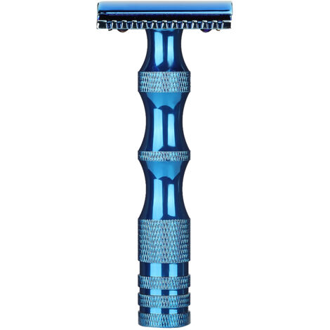 Rasoir manuel vintage à double lame avec manche métallique antidérapant bleu pour hommes