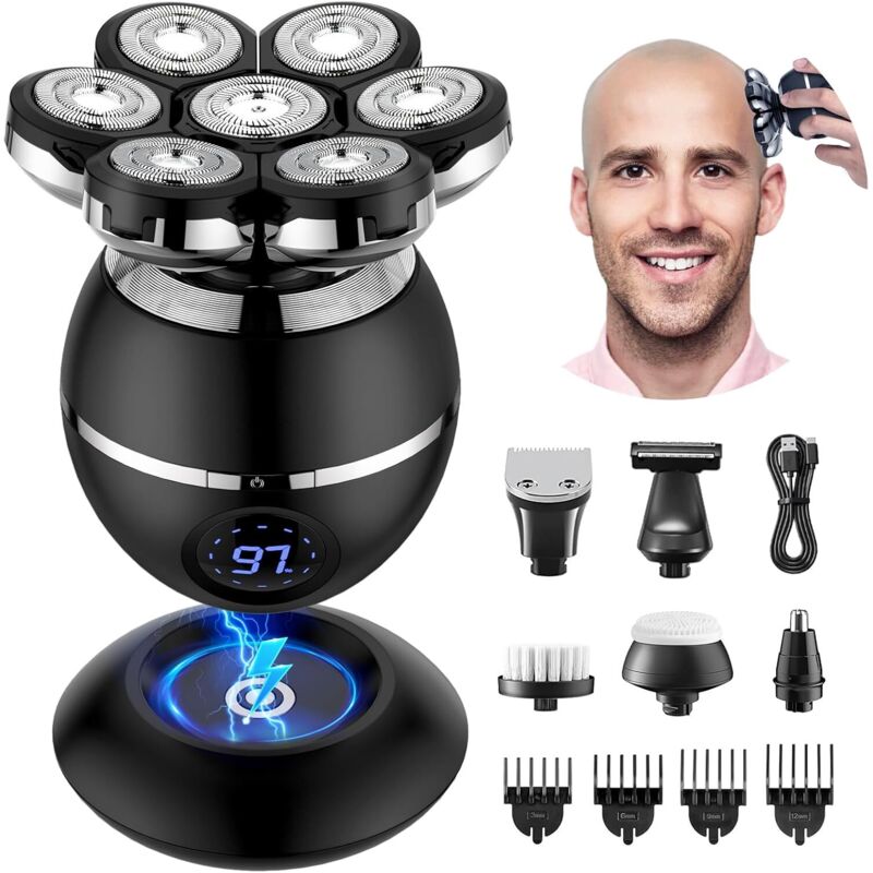 Rasoir Tete Chauve Homme, 7D Rasoir Électrique Homme- 6 en 1 Tondeuse Crane Chauve- Humide
