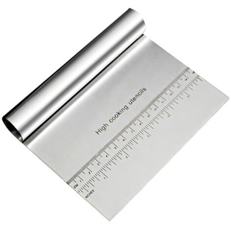 Raspador de masa, cortador de pizza y rebanadora de acero inoxidable con escala de medición para masa de pasteles y pizzas.
