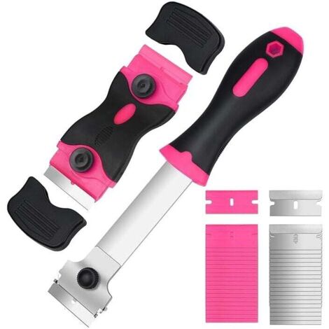 Raspador de placa de cerámica de vidrio KZQ (paquete de 2) con 40 cuchillas de repuesto, raspador de limpieza multiusos para raspar etiquetas, rosa, autoadhesivo.
