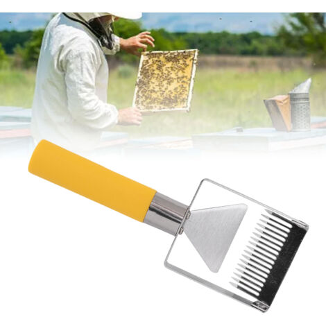 Raspador multifuncional de acero inoxidable con mango ergonómico para la recolección de miel en la colmena.