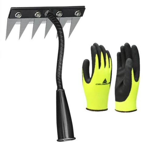 Rastrello per diserbo a 6 denti e guanti di gomma, attrezzo per diserbo con manico, robusto rastrello da giardino in metallo, rastrello per diserbo, smuovere il terreno e seminare