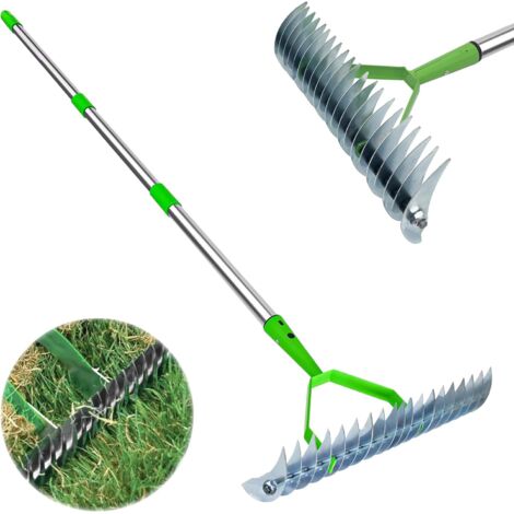 Rastrello per feltro erboso, rastrello da giardino resistente, manico telescopico da 1,34 m, testa regolabile, rastrello per la rimozione del feltro erboso, dei detriti e per l'aerazione del prato.