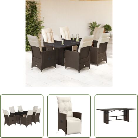 Ratán PE -  Set de mesa y sillas jardín 7 pzas con cojines ratán PE marrón