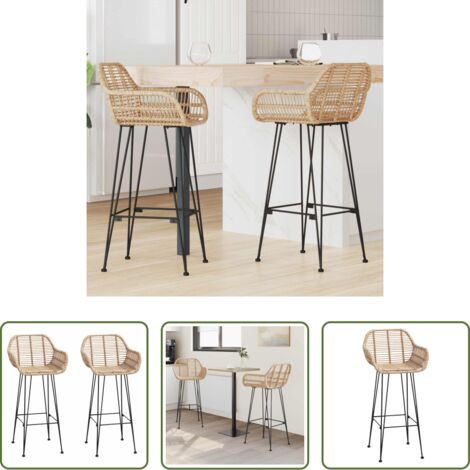 Ratán -  Silla de Bar 2 pcs Natural 55 x 52 x 105 cm Ratan e Hierro