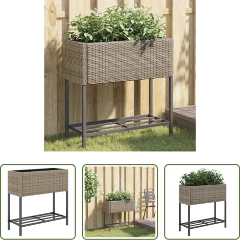 Ratán sintético -  Jardinera con estante ratán sintético gris