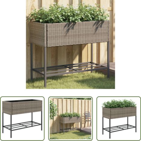 Ratán sintético -  Jardinera con estante ratán sintético gris