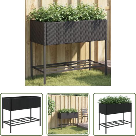 Ratán sintético -  Jardinera con estante ratán sintético negro