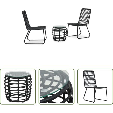Ratán sintético -  Set de mesa y sillas de jardín 3 piezas ratán sintético negro