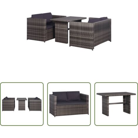 Ratán sintético -  Set mesa y sillas jardín 3 pzas y cojines ratán sintético gris