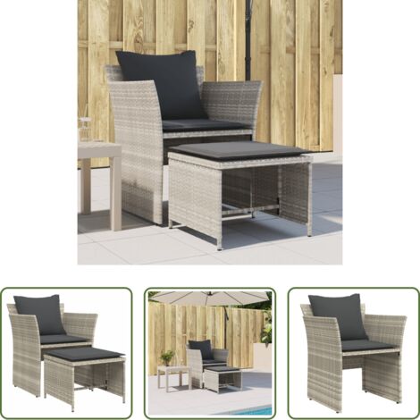Ratán sintético -  Sillón de jardín con reposapiés ratán sintético gris claro