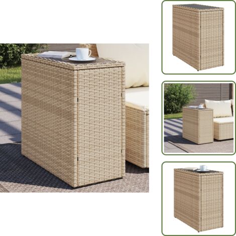 Ratán sintético - vidaXL Mesa auxiliar jardín tapa vidrio ratán PE beige 58x27,5x55 cm - Vidrio templado