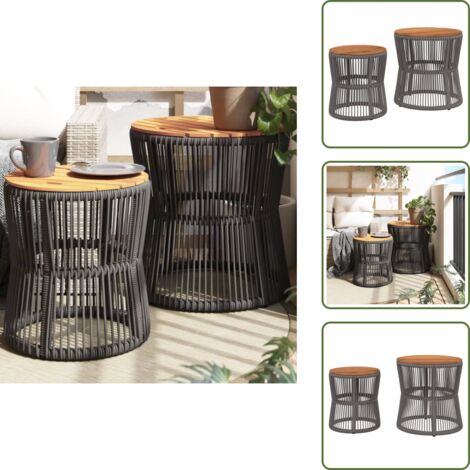 Ratán sintético - vidaXL Mesas auxiliares jardín 2 pzas superficie de madera ratán gris - Madera de acacia