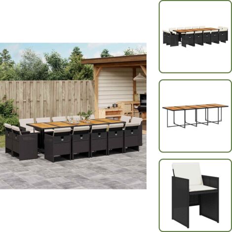Ratán sintético - vidaXL Set comedor de jardín con cojines 15 pzas ratán sintético negro - Muebles de exterior