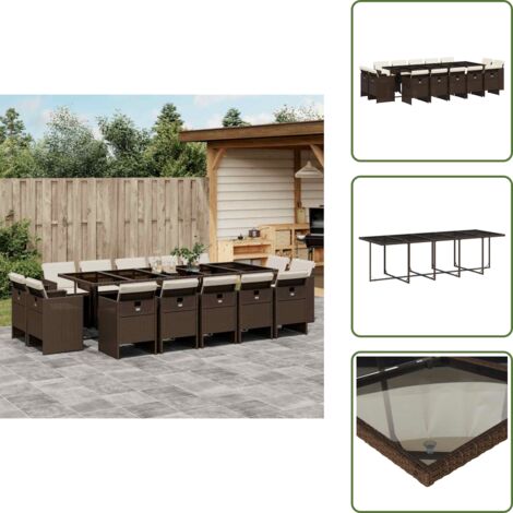 Ratán sintético - vidaXL Set comedor de jardín y cojines 15 pzas ratán sintético marrón - Mesa de jardín