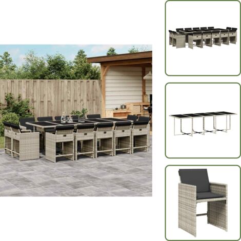 Ratán sintético - vidaXL Set comedor jardín y cojines 15 pzas ratán sintético gris claro - Mesa de jardín