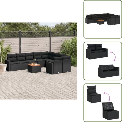Ratán sintético - vidaXL Set de sofás de jardín 10 pzas cojines ratán sintético negro - Cojines traseros