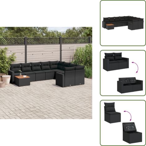 Ratán sintético - vidaXL Set de sofás de jardín 10 pzas cojines ratán sintético negro - Cojines traseros