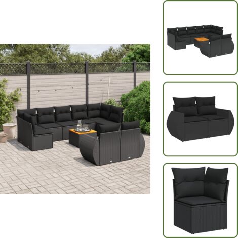 Ratán sintético - vidaXL Set de sofás de jardín 10 pzas cojines ratán sintético negro - Cojines traseros