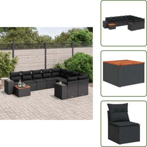 Ratán sintético - vidaXL Set de sofás de jardín 10 pzas cojines ratán sintético negro - Cojines traseros