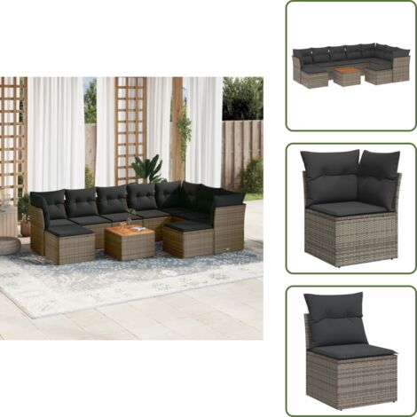 Ratán sintético - vidaXL Set de sofás de jardín 10 pzas con cojines ratán sintético gris - Cojines traseros