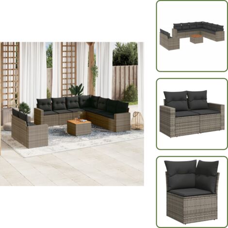 Ratán sintético - vidaXL Set de sofás de jardín 10 pzas con cojines ratán sintético gris - Cojines traseros