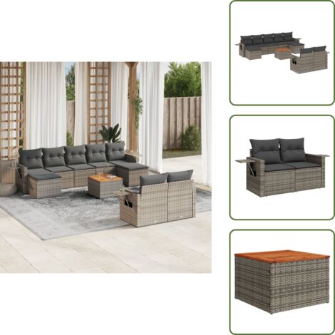 Ratán sintético - vidaXL Set de sofás de jardín 10 pzas con cojines ratán sintético gris - Mesa auxiliar