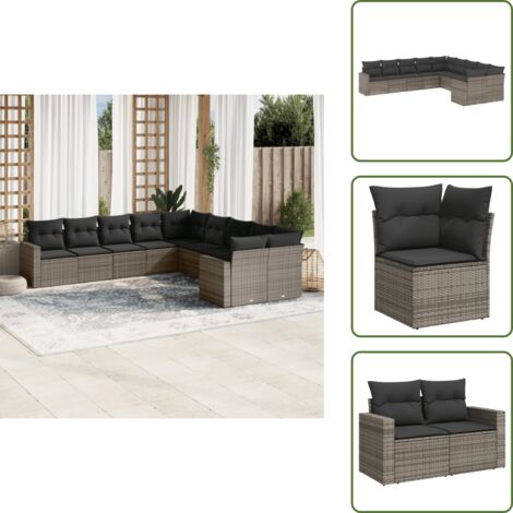 Ratán sintético - vidaXL Set de sofás de jardín 10 pzas con cojines ratán sintético gris - Sofás de jardín con cojines