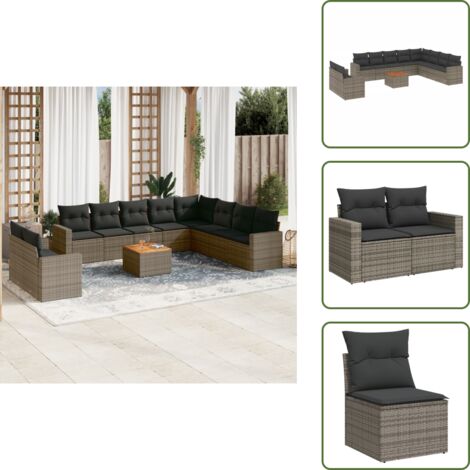 Ratán sintético - vidaXL Set de sofás de jardín 11 pzas y cojines ratán sintético gris - Cojines traseros