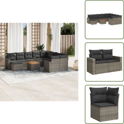 Ratán sintético - vidaXL Set de sofás de jardín 11 pzas y cojines ratán sintético gris - Cojines traseros