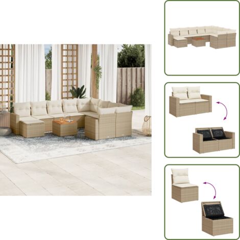 Ratán sintético - vidaXL Set de sofás de jardín 11pzas con cojines ratán sintético beige - Cojines traseros