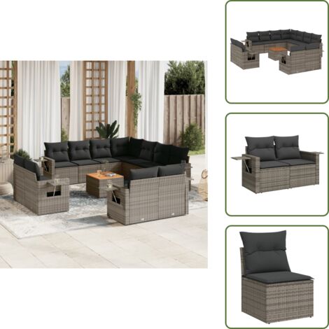 Ratán sintético - vidaXL Set de sofás de jardín 12 pzas con cojines ratán sintético gris - Mesa auxiliar