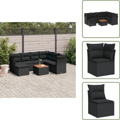 Ratán sintético - vidaXL Set de sofás de jardín 8 piezas y cojines ratán sintético negro - Cojines traseros