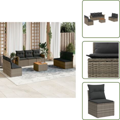 Ratán sintético - vidaXL Set de sofás de jardín 8 pzas y cojines ratán sintético gris - Mesa auxiliar