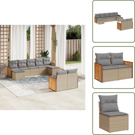 Ratán sintético - vidaXL Set de sofás de jardín 9 pzas con cojines ratán sintético beige - Sofás con reposabrazos