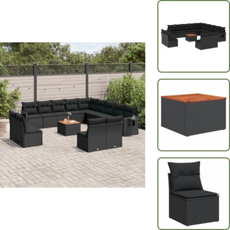 Ratán sintético - vidaXL Set sofás de jardín 14 pzas con cojines ratán sintético negro - Mesa auxiliar