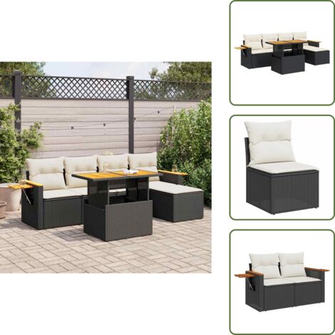 Ratán sintético - vidaXL Set sofás jardín y cojines 6 pzas ratán sintético acacia negro - Cojines desenfundables