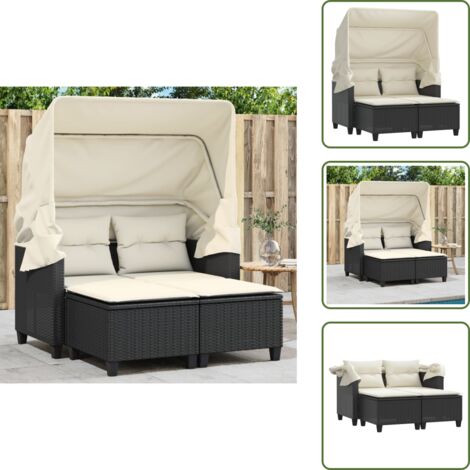 Ratán sintético - vidaXL Sofá de jardín 2 plazas con toldo y taburetes ratán PE negro - Muebles de exterior