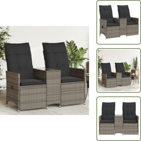 Ratán sintético - vidaXL Sofá de jardín reclinable de 2 plazas con mesa ratán PE gris - Cojín de asiento