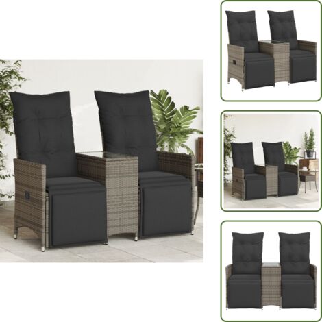 Ratán sintético - vidaXL Sofá de jardín reclinable de 2 plazas con mesa ratán PE gris - Cojín lavable