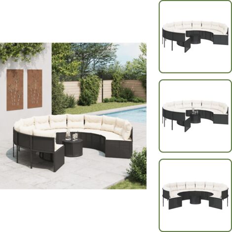 Ratán sintético - vidaXL Sofá de jardín redondo con mesa y cojines ratán PE negro - Muebles de exterior