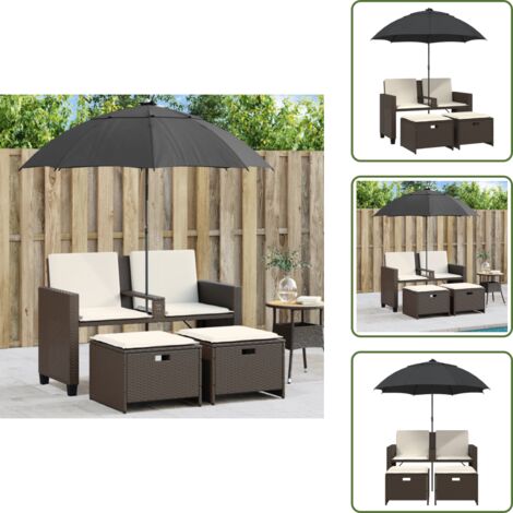 Ratán sintético - vidaXL Sofá jardín 2 plazas con sombrilla y taburetes ratán PE marrón - Muebles de exterior