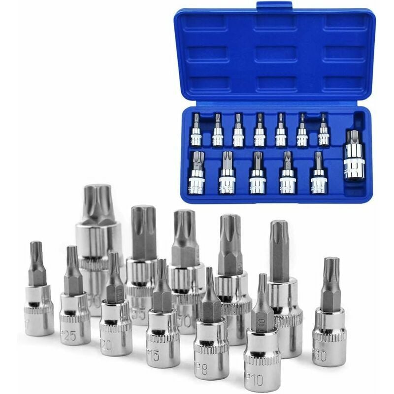 Ratchet and socket box Set of 13 1/4' 3/8' and 1/2' T8-T70 sockets