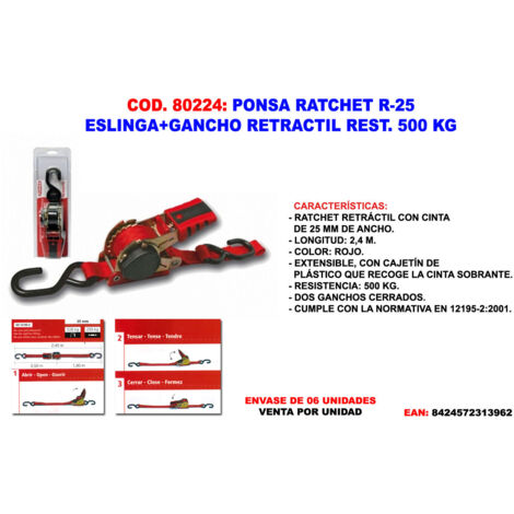RATCHET RETRACTIL 25mm 2,4m CON GANCHO CERRADO 013,289,025,501 PONSA