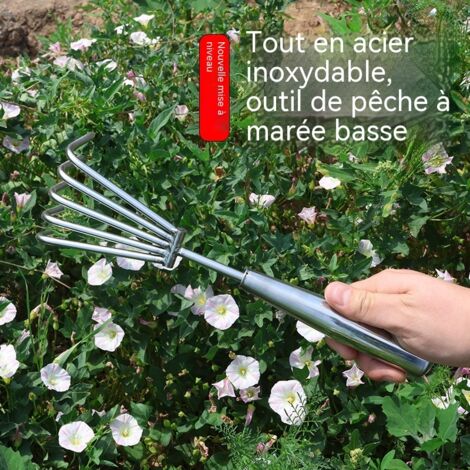 râteau à main en acier inoxydable dents pointues coniques épaisses outil pour pêche à pied ameublissement sol soudure solide durable résistant à la rouille