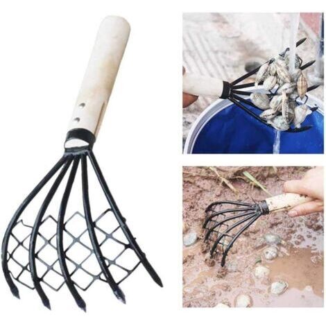 Râteau à palourdes, épuisette de jardin en coquillages, accessoire de plage à 5 griffes, fourche à coquillages, outil pratique pour déterrer les fruits, manche en bois